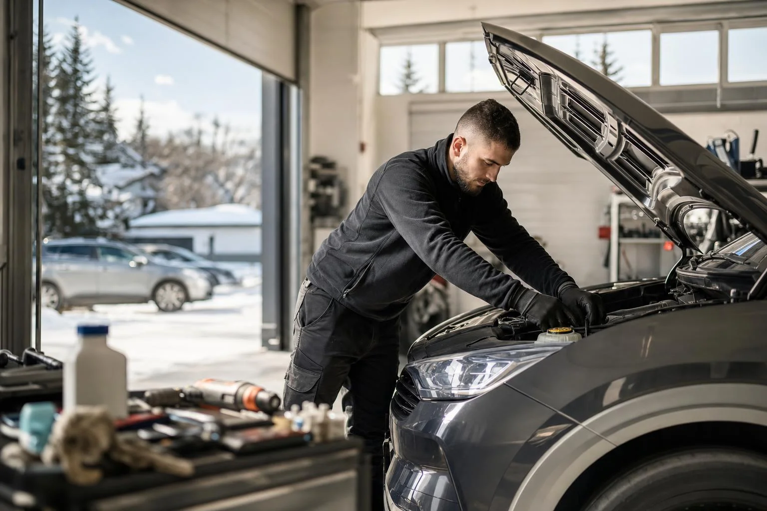 Mehaničar provjerava motor automobila u servisu pred zimu, snijeg vani